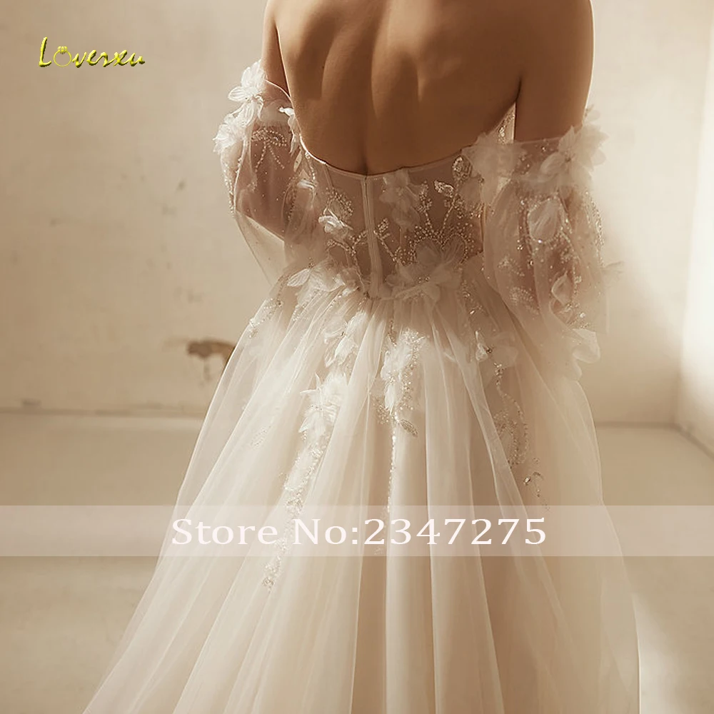 Loverxu A-Line Chic Wedding Dresses 2024 Strapless Puff Long Sleeve Vestido De Novia Appliques Flowers Illusion Robe De Mariee