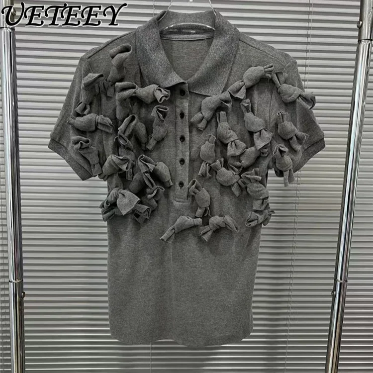 2025 春夏の新ニッチデザインセンスフラワー装飾半袖 Tシャツ気質シンプルなカジュアルトップ女性のための