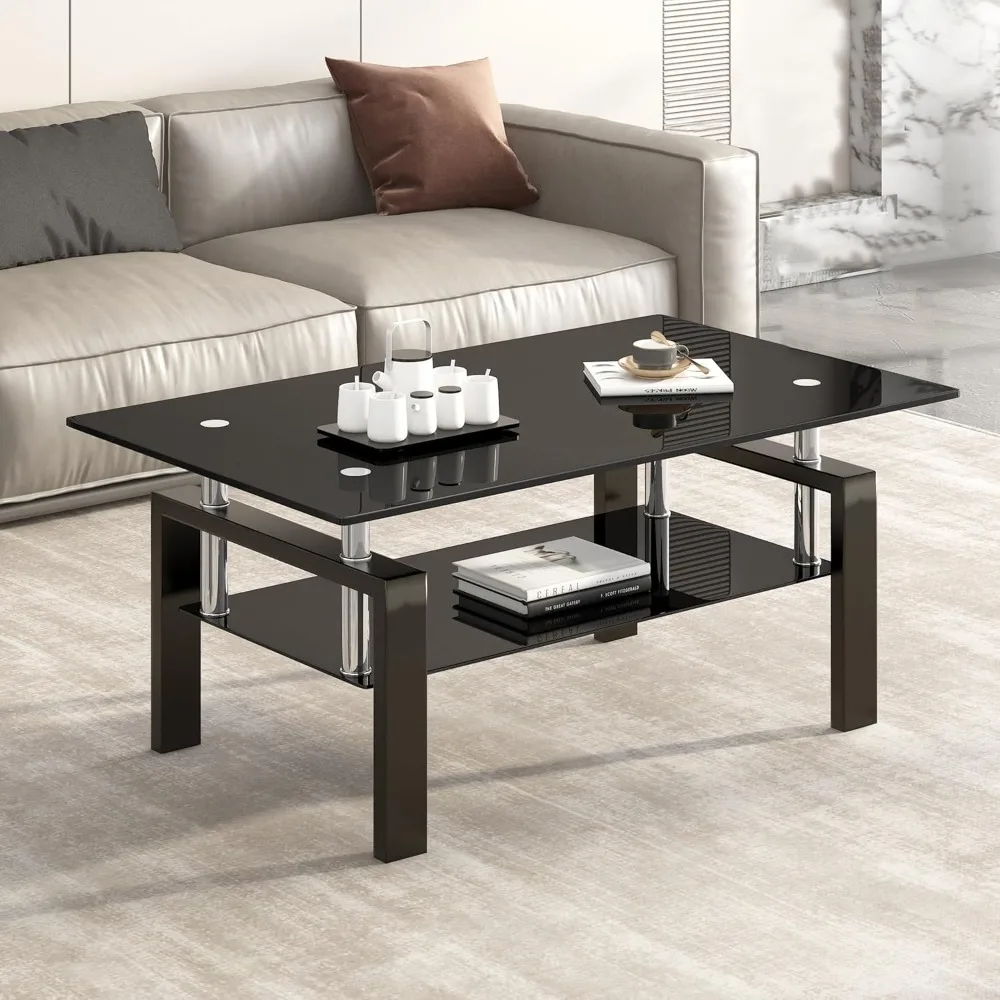 

Tempered Glass Coffee Table with Metal Legs Modern Small Coffee Tables for Living Room (Black)