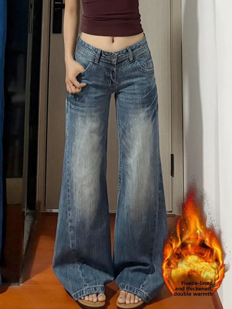 

Большие размеры, американские расклешенные джинсы с подкладкой, женские осенне-зимние свободные тонкие джинсы с высокой талией, прямые брюки...
