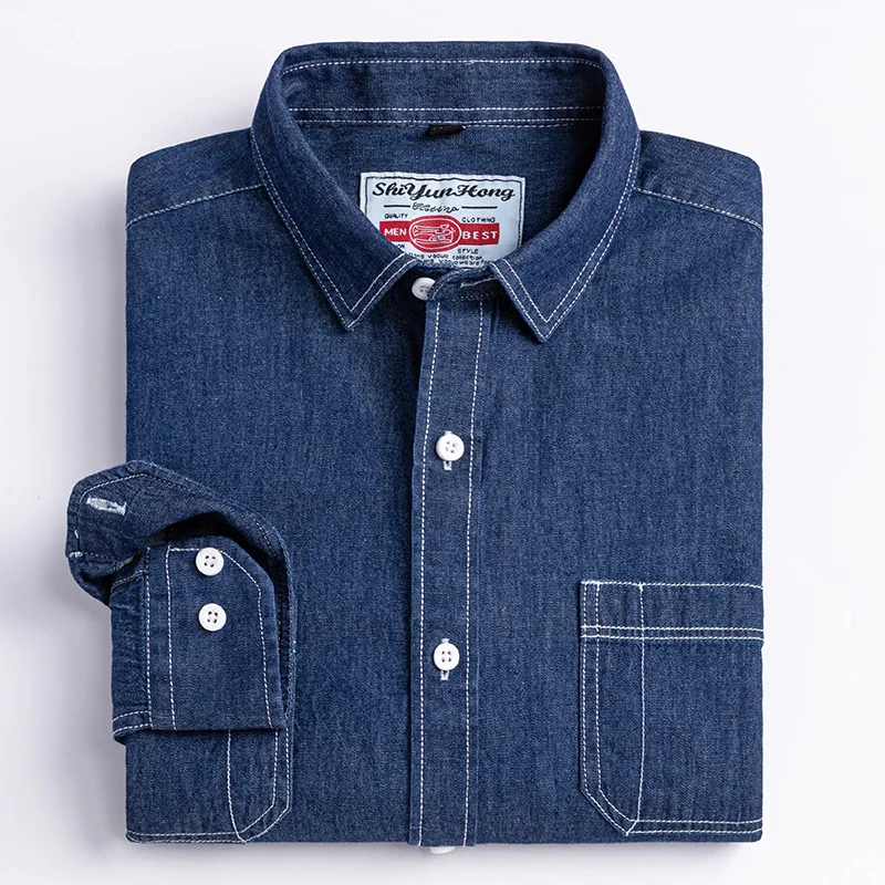 

2023 New Fashion Men's Denim Shirts Long Sleeve Elastic Cotton Pocket Solid Color Casual Quality Cowboy Slim Fit Shirts For Man