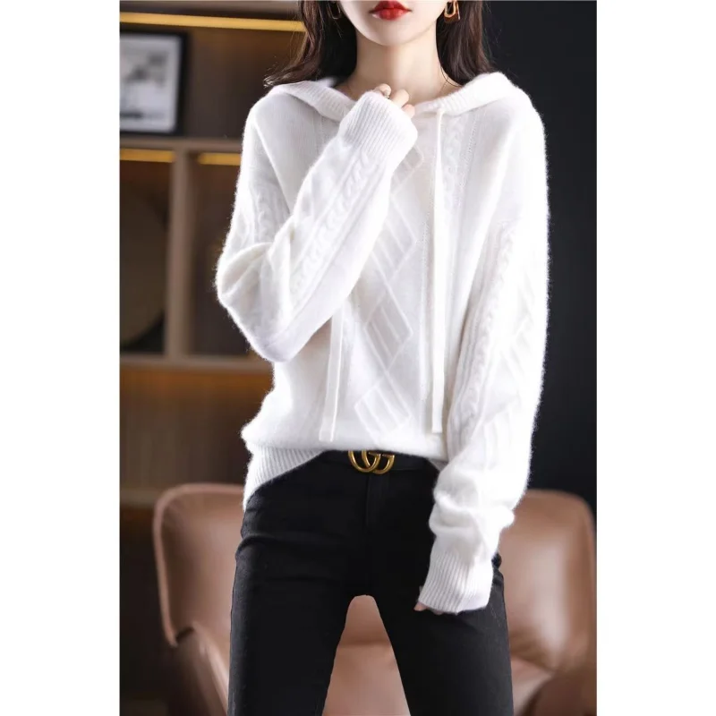 Pullover autumn and winter 2023 hooded knitwear fried dough twist sweater long sleeve women loose pullover knitting sweater