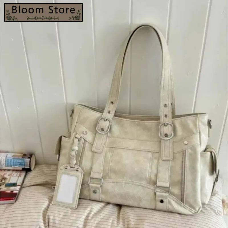 

Hot Girl Vintage Studded Tote Women Leather Textured Large Capacity Shoulder Ladies Y2k Aesthetics Commute Crossbody Bag