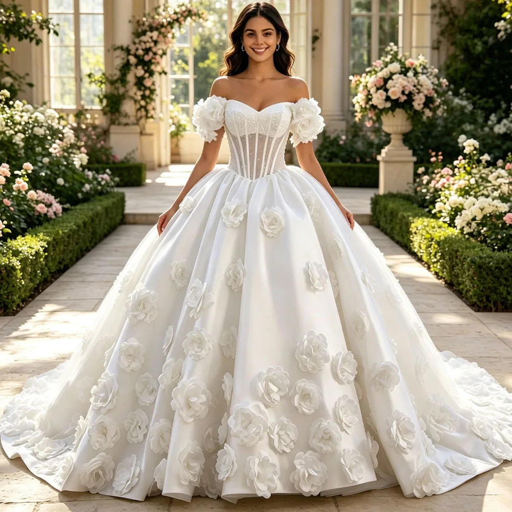 Stunning Wedding Dress Sweetheart Off Shoulder Lace Up Back Beading 3D Flower Customized Satin Robe Mariée