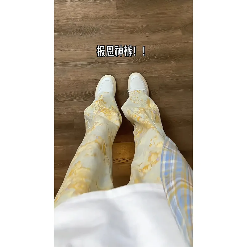 Spring Vintage Yellow Tie-Dye Straight Jeans Men's High Street Vibe Print Denim Pants