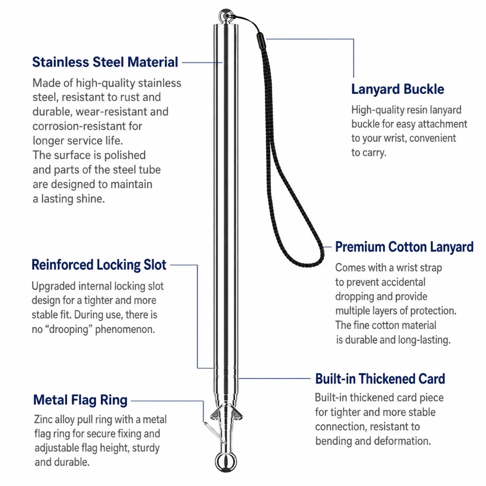 Stainless Steel Telescopic Flagpole 1/1.2/1.6/2.0/3.0m Extendable Guide Flag Pole Portable Classroom Whiteboard Pointer