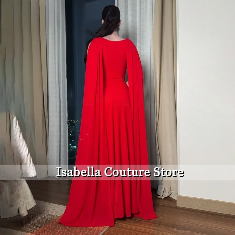 빨간색 파티 드레스 주름 장식이 있는 이브닝 드레스 케이프가 있는 A라인 소매 갈라 드레스 맞춤형 이브닝 드레스