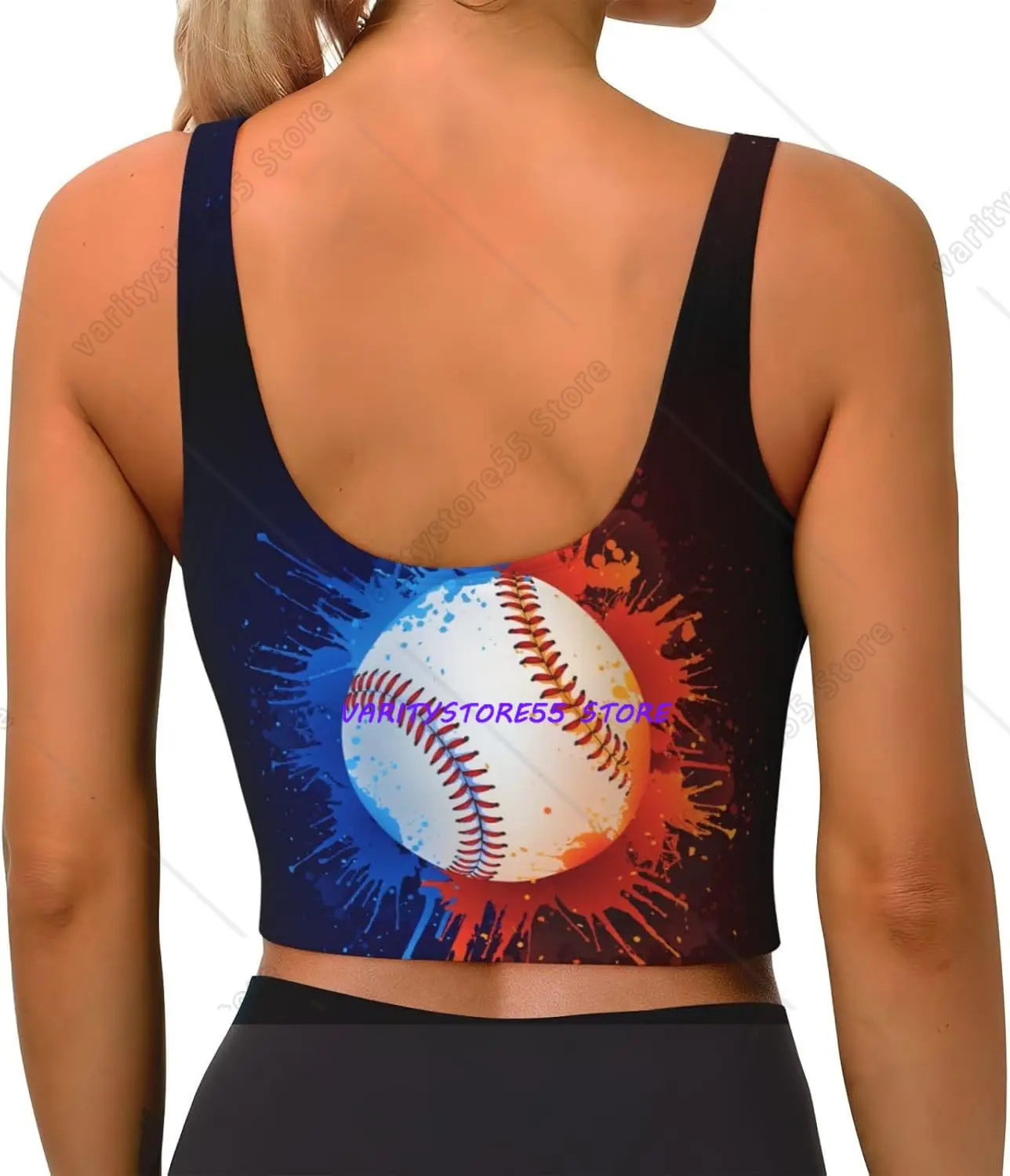 Watercolor Baseball Splash Women's Sports Bra Yoga Crop Gym Tank Tops U Back Exercise Workout Top Removable Pads Fitness