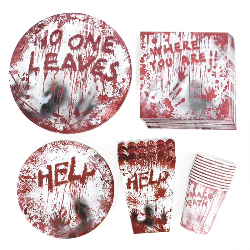 Halloween Blood Disposable Tableware Blood Help Print Paper Cups Plates Happy Halloween Party Decoration For Home Horror Props