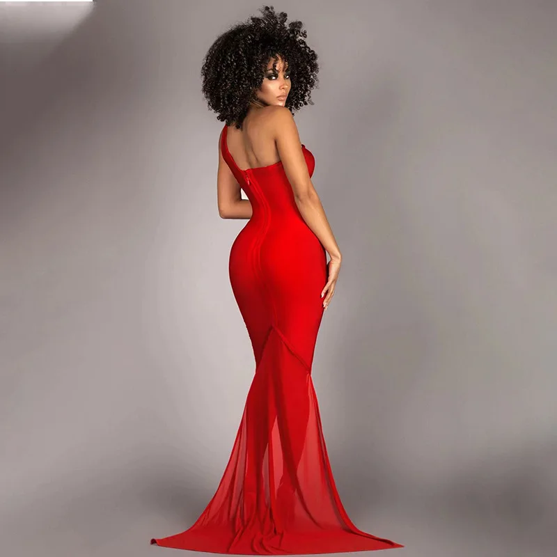 European and American New Bandage Women's Rhinestone Trailing Slim-Fit Elegant Party Banquet Red Dress