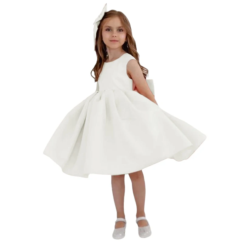 Rosa Satin-Hochzeitsfestkleid für Mädchen, Rundhalsausschnitt, V-Rücken, knielang, Geburtstagskleid mit Schleifen, Ballkleid für Kleinkinder, Kinder von 1–12 Jahren – Detail 4