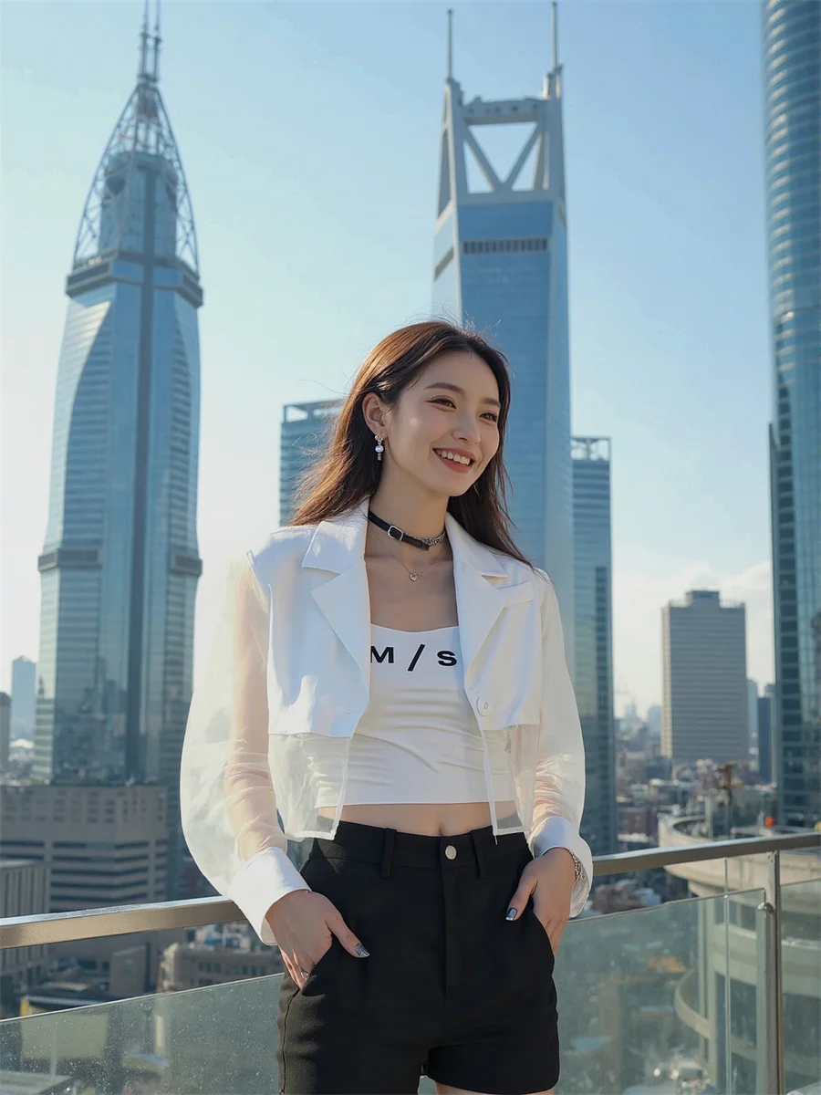 

Sun-proof Cropped See-through Back-Slit Blazers Elegant Woman Clothes For Women Suits Print One Stand Pad Street Female Design