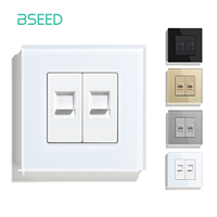 BSEED Double CAT5 Network Data Socket Internet RJ45 CAT6 PC Wall Outlet  EU Standard Tempered Glass Panel White Black Golden