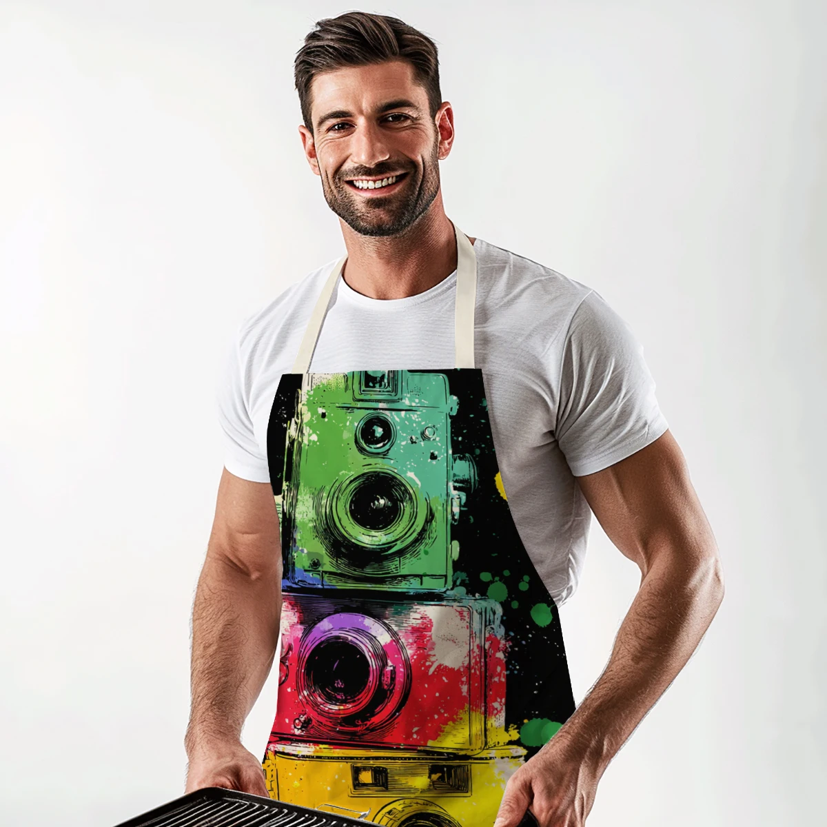 Vibrant Camera Pattern Polyester Apron - Stylist Apron for Art Studio, Creative Cooking & Handicraft Activities