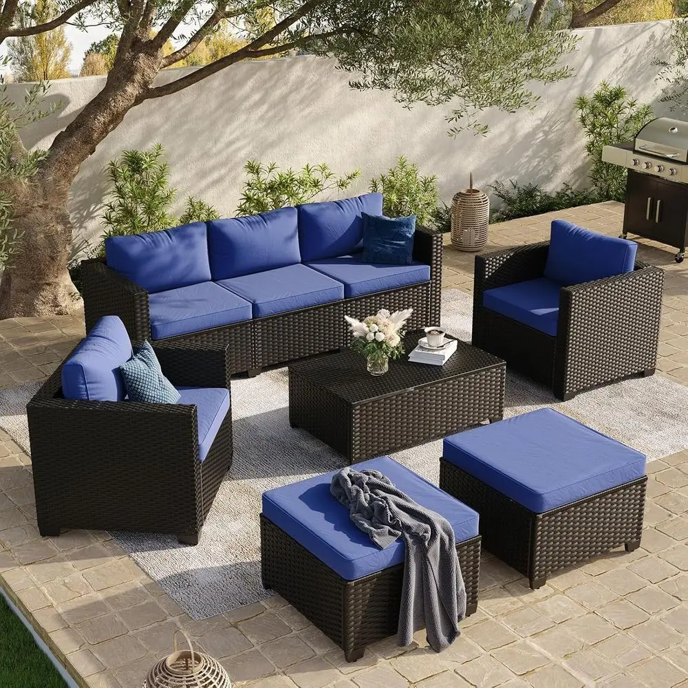 

8-Piece Outdoor Patio Furniture Set with 7 Seats, Waterproof Cushions, Ideal for Garden, Backyard, Porch, Balcony, Deck - Black