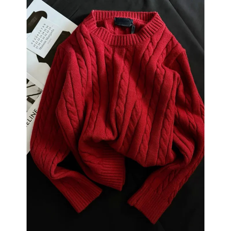 

Women Clothing Korean Red Knitting Sweater Round Neck Solid Long Sleeves Vintage Casual Korean Fashion Baggy Ladies Spring Tops