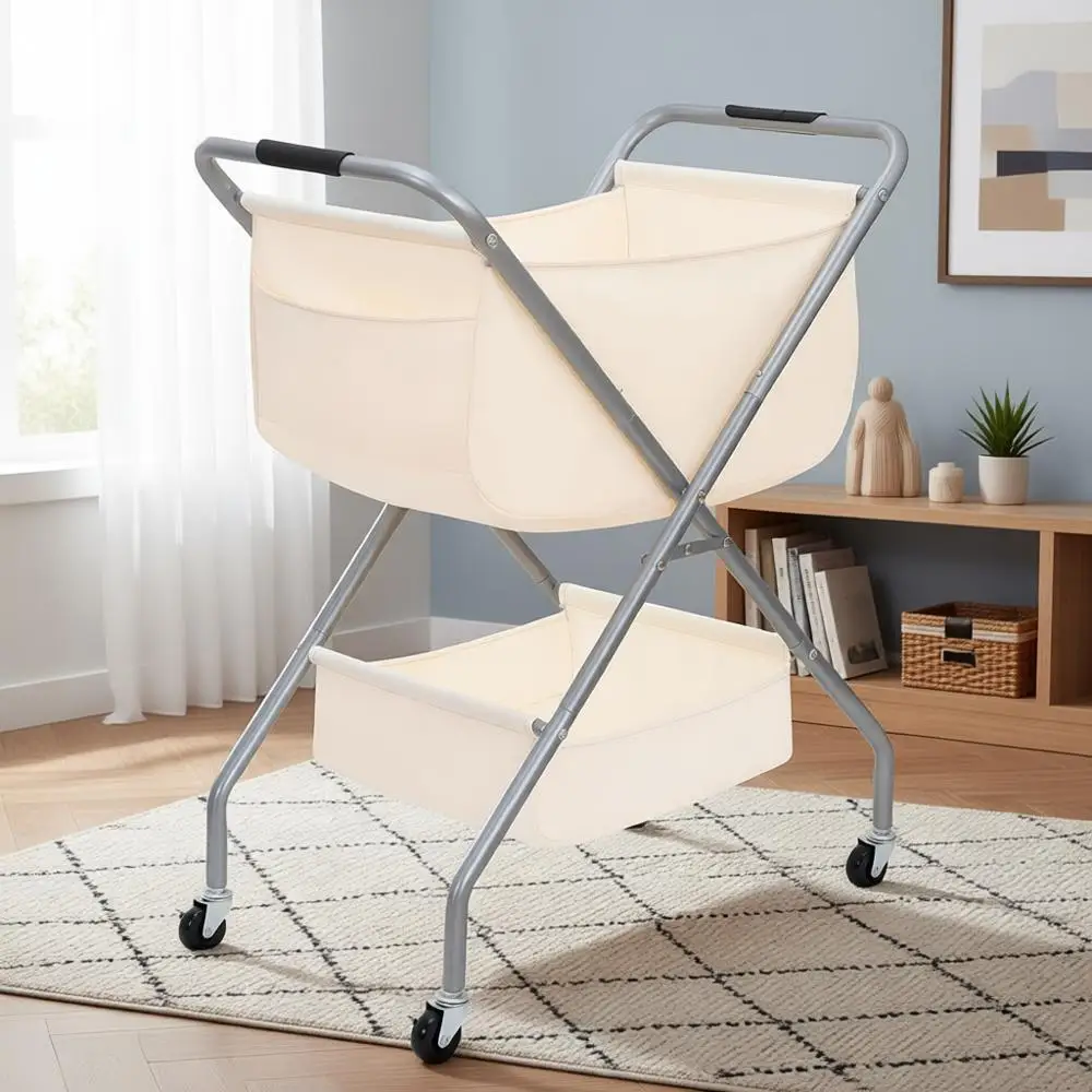 

Корзина для белья на колесиках с холщовым вкладышем, стальной каркас 31,5H, для небольших помещений, бежевая