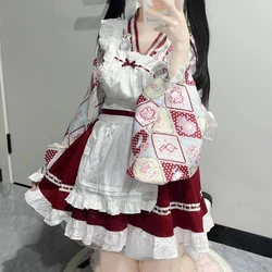 Japanese Kawaii Lolita Kimono Dress Women Sweet With Apron Maid Cosplay Costumes Print TopS Strap Dress Set Y2k Party Mini Dress