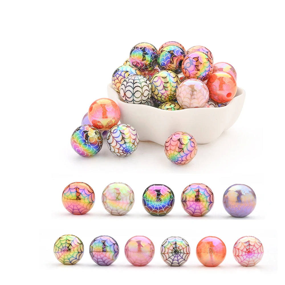 

10Pcs Random Mixing 16mm Acrylic Round Bead Spider Web Printing Teether Beads For Dummy Holder Pacifier Chain Accessories