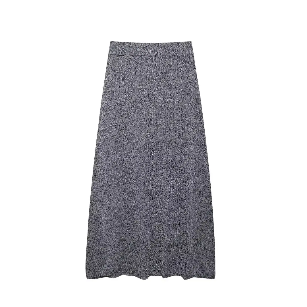 Tangada 2024 New Chic Women Elegant Gray Knitted Skirt Strethy Waist Midi Skirts BE0238