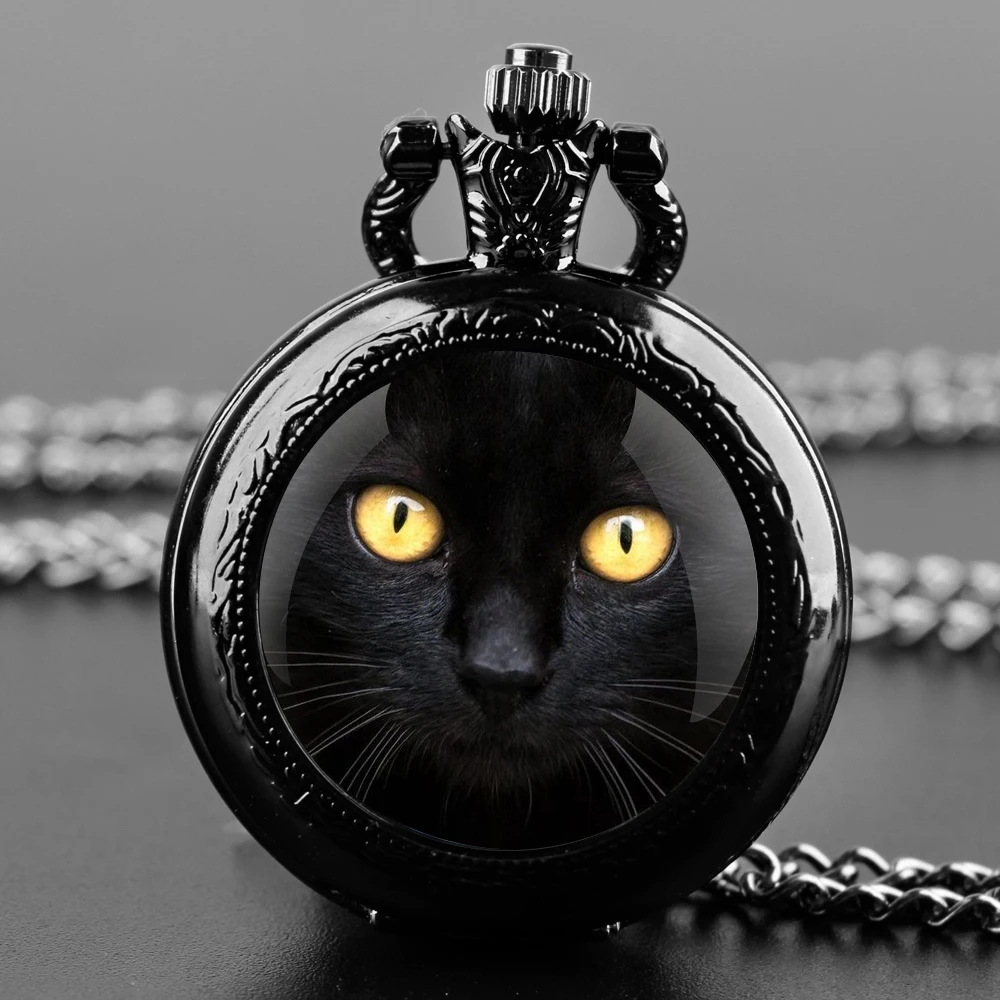 Black Cat Face Design Necklace Quartz Pocket Watch Arabic Numerals Men's Souvenir Gift Collection Powerful Jewelry Gift