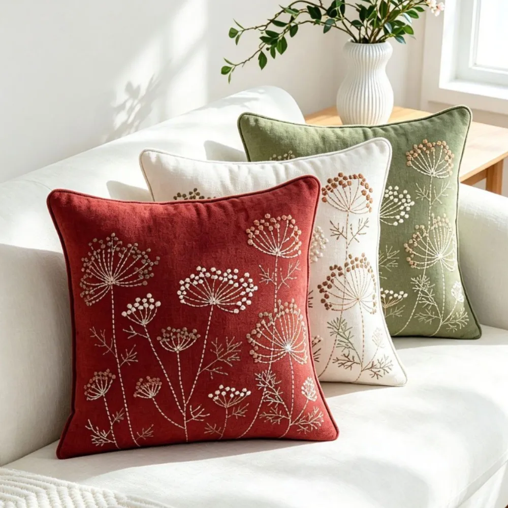 1/2pcs Embroidered Gift Throw Pillow Covers Chenille Floral Dandelion Decorative Pillowcases, Vintage Terracotta Cushion Cover