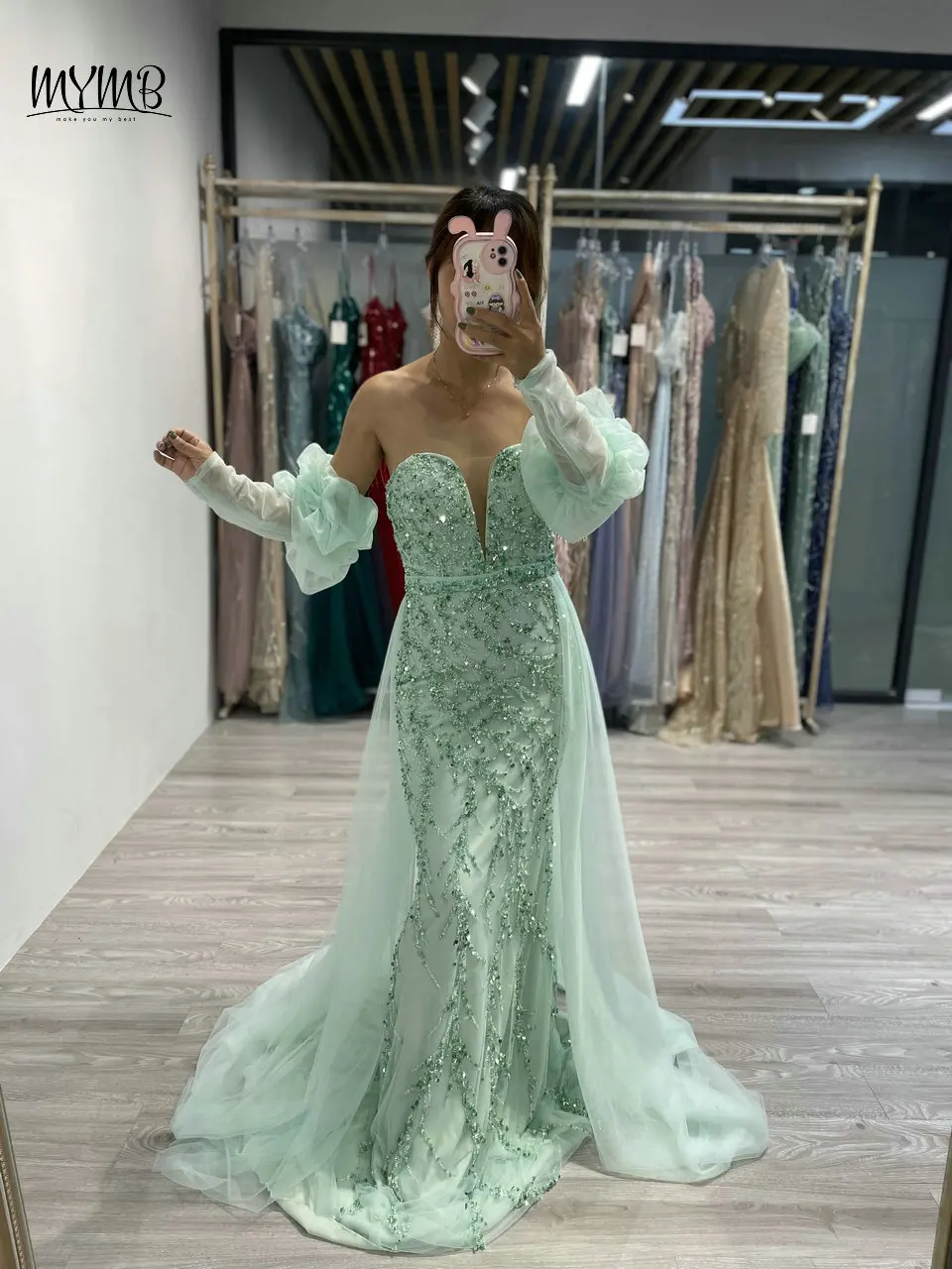 

MYMB Arabic Sexy Strapless Balloon Sleeve Wedding Guest Gown for Women Party Sparkly Beaded Mermaid Evening Dress with Overskirt