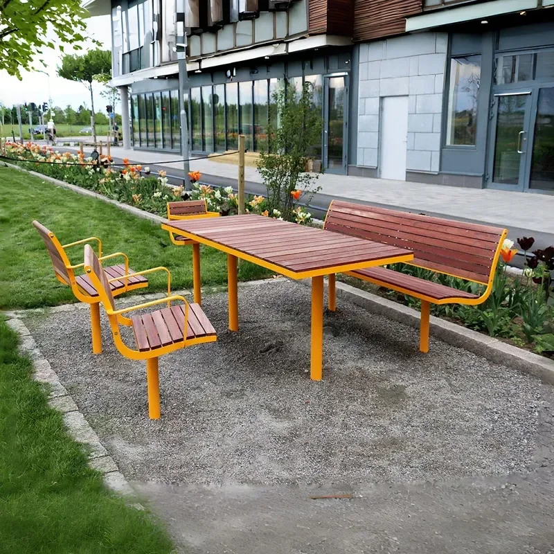 for Outdoor Park Table and Chair Set Wooden Leisure Combination Garden Furniture Yellow Preservative Wood Table and Chair Set
