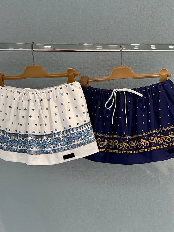Printed Half Skirt Women's Fashionable A-Line Skirt Drawstring Elastic Waist Commute Friendly Versatile Short Skirt