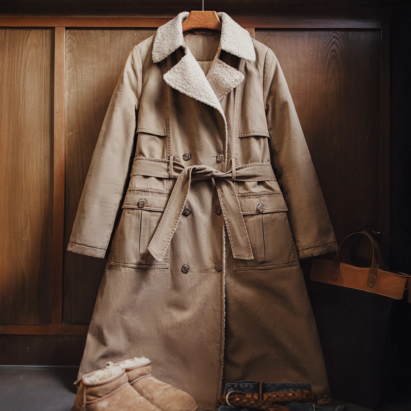 Maden Women's Long Trench Coat Double-Breasted Belted Warm Wool-Like Lining Vintage Cotton Twill Autumn Winter Outerwear