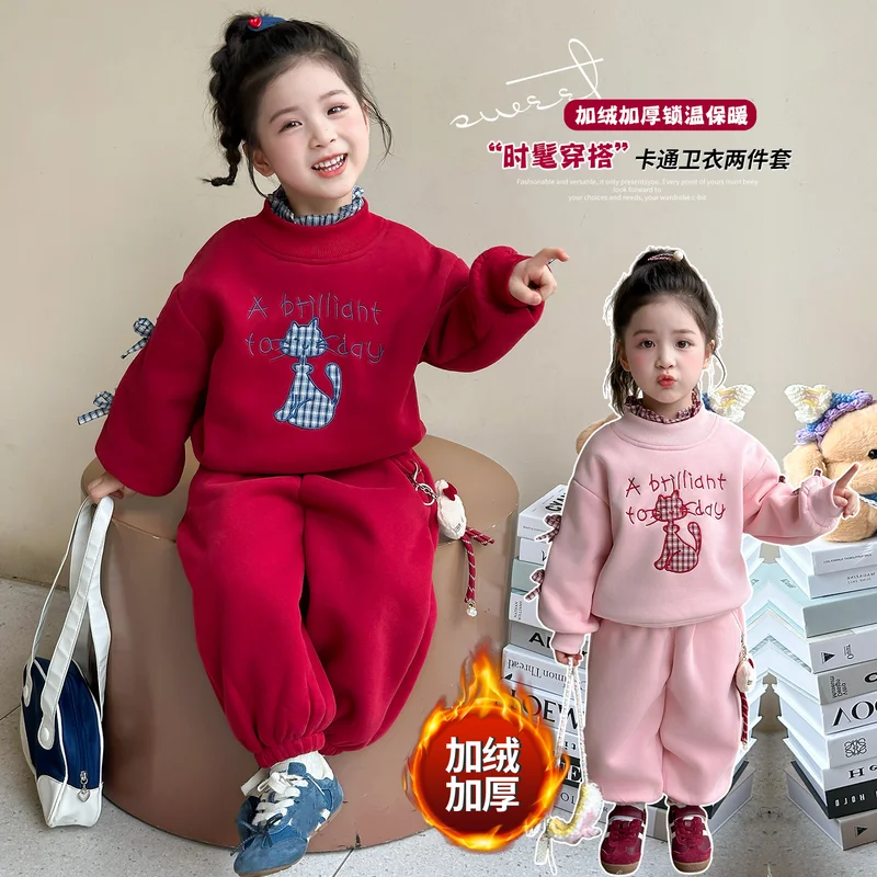 

Girls' cartoon sweatshirt pants autumn winter 2025 new cute kitten anime thick warm sportswear 2pcs fashion sweet comfort set