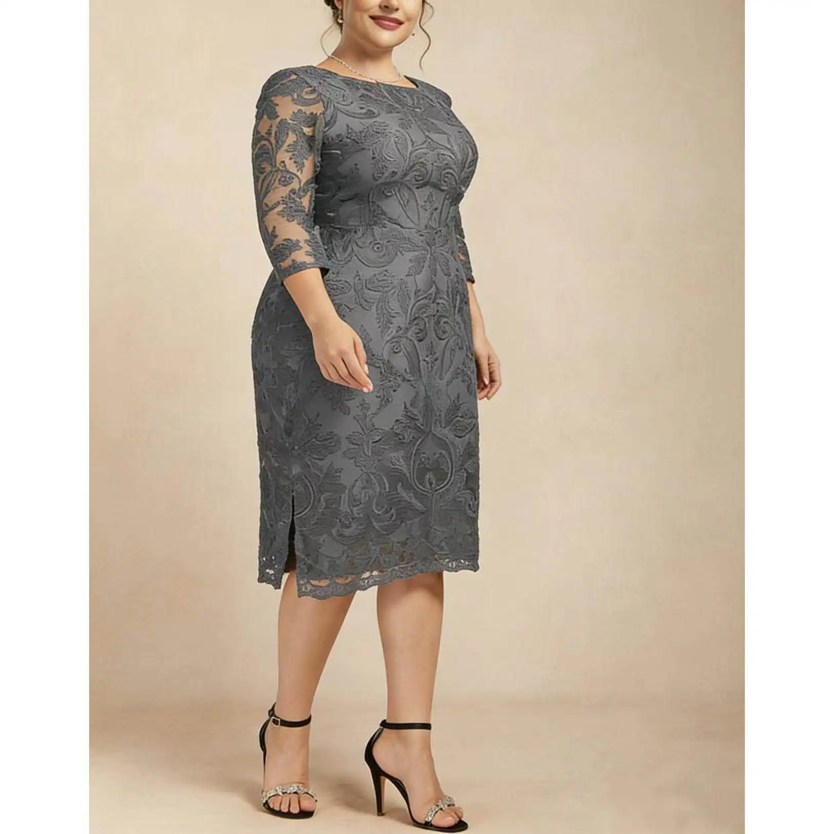 

Элегантное женское платье больших размеров с вышивкой, приталенное, с вырезами на рукавах, комбинированное, коктейльное, осеннее, с рукавом 3/4