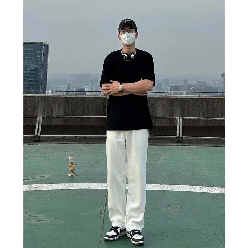 

Cleanfit Summer White Jeans Men's High Street Straight Leg Micro Flared Denim Pants mid High Waist Long Trousers Youth Trend