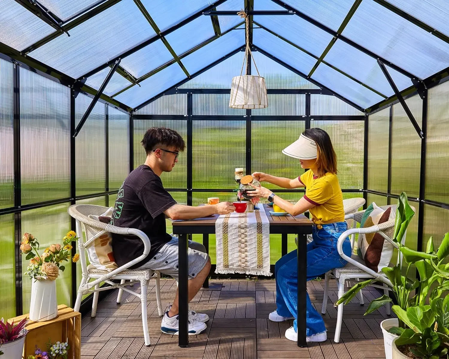 7.5 FT Greenhouse - Outdoor Aluminum Polycarbonate Greenhouse with Ventilation and Rain Gutter, 2 Swing Doors with Hook