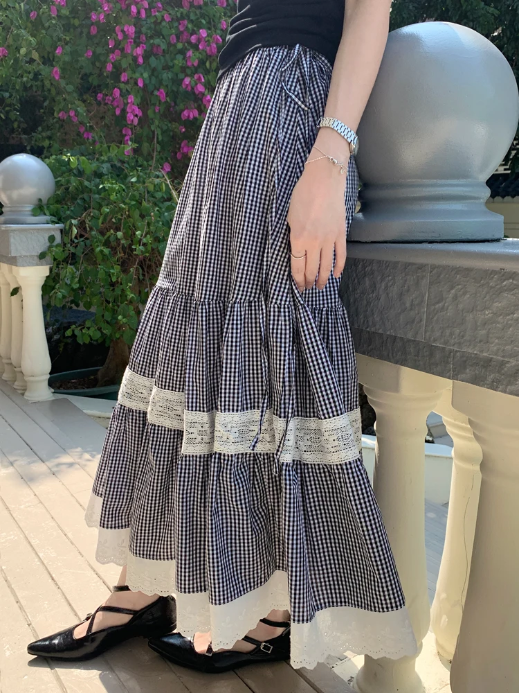 Women Ball Grown Long Skirt Summer 2024 Korean Vintage Style High Waist Lace Patchwork Plaid Long Skirts Female Clothes(X3428