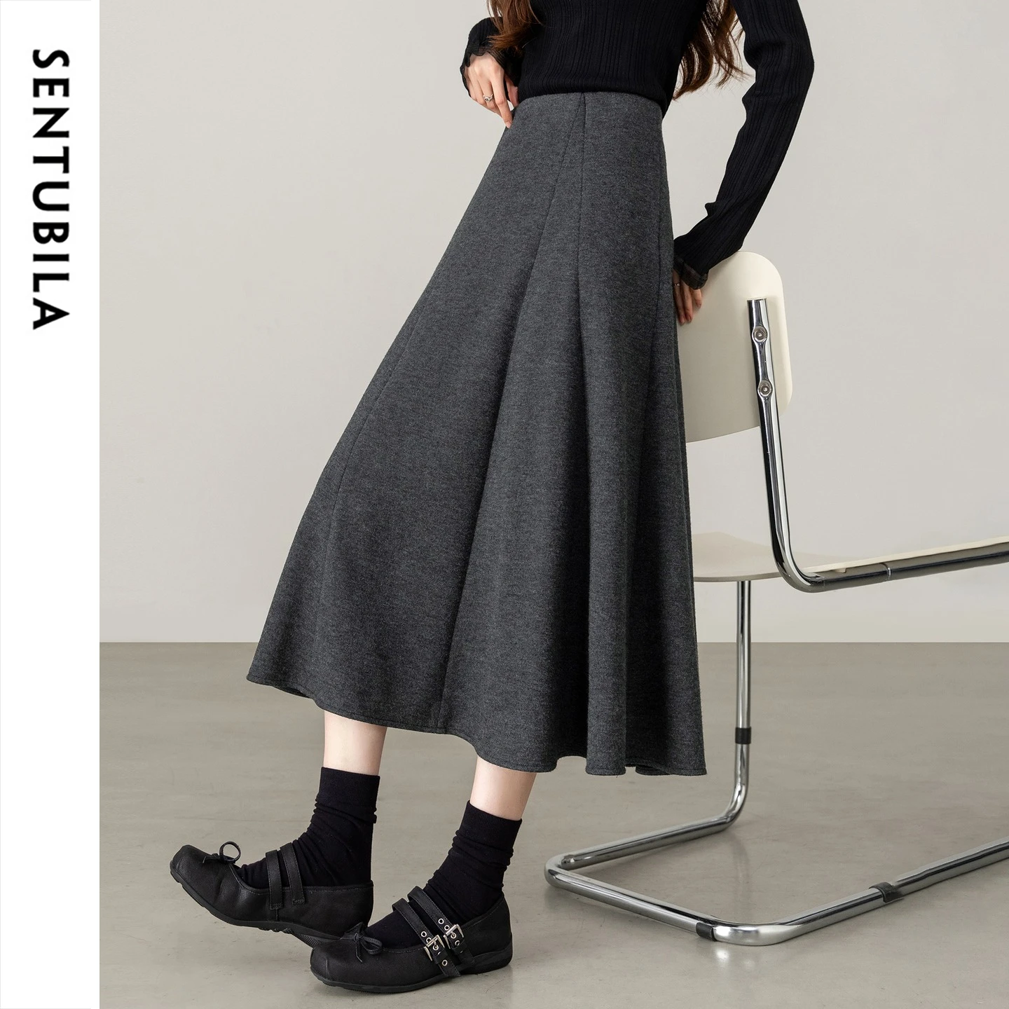 SENTUBILA Women Wool Blend Full Maxi Skirt High Wrist Fleece Lined 2026 Winter Elegant Versatile Office Commuter Skirt 164QG7040