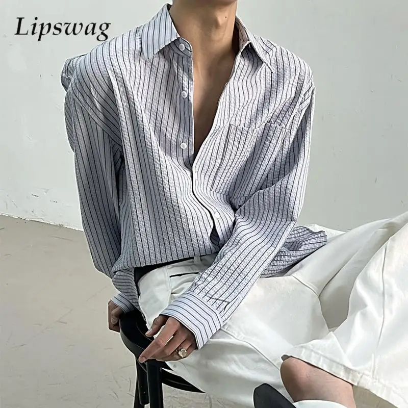 

Vintage Striped Printed Textured Shirts Mens Casual Long Sleeve Buttoned Turn-down Collar Shirt 2026 Spring Stylish Men Cardigan