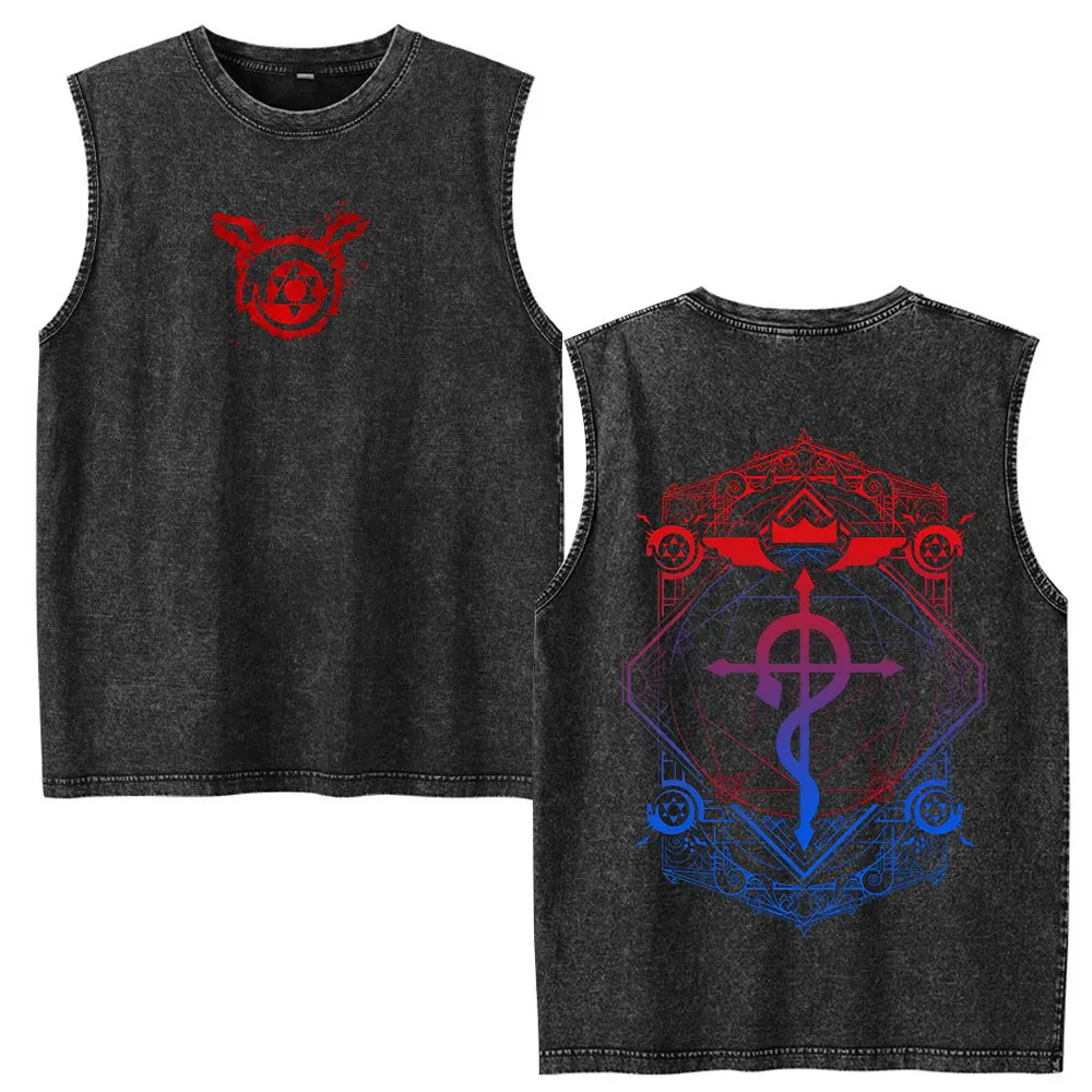 Camisetas sin mangas estilo vintage lavado de Anime Fullmetal Alchemist Edward Elric Alphonse Elric, a la moda, casuales, oversize