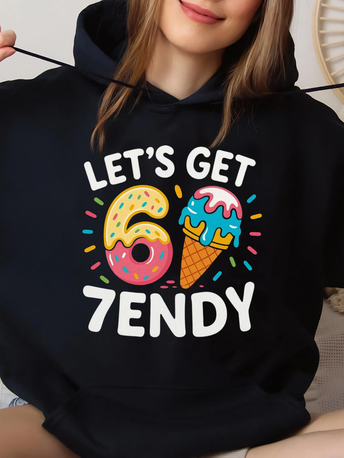 

Ice Cream and Donut Graphic Let's Get 67Endy Birthday Print Hoodie for Party Celebration Casual Wear Black Large Size Big Sizes