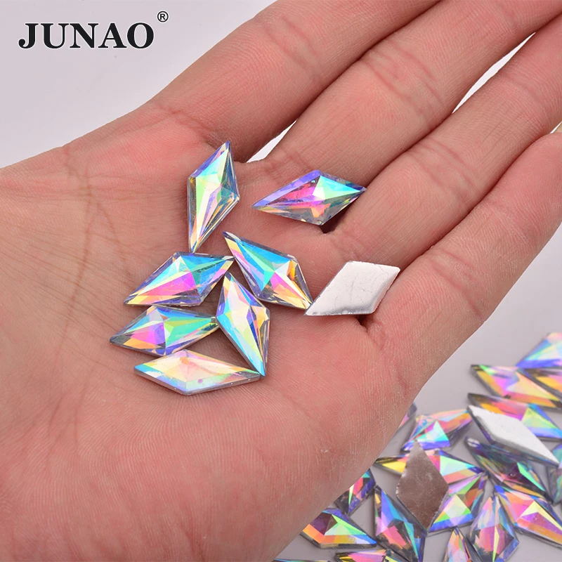 JUNAO 40Pcs 10*22mm Crystal AB Glittler Resin Rhinestone Rhombus Shape Strass Non Sewing Stones For Handicrafts