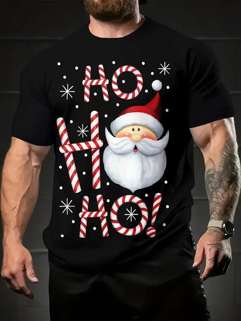 New Arrival Men's HO HO HO Candy Cane Santa T Shirt 3D Stripe Letter Snowflake Print Short Sleeve Christmas Holiday Party Tee