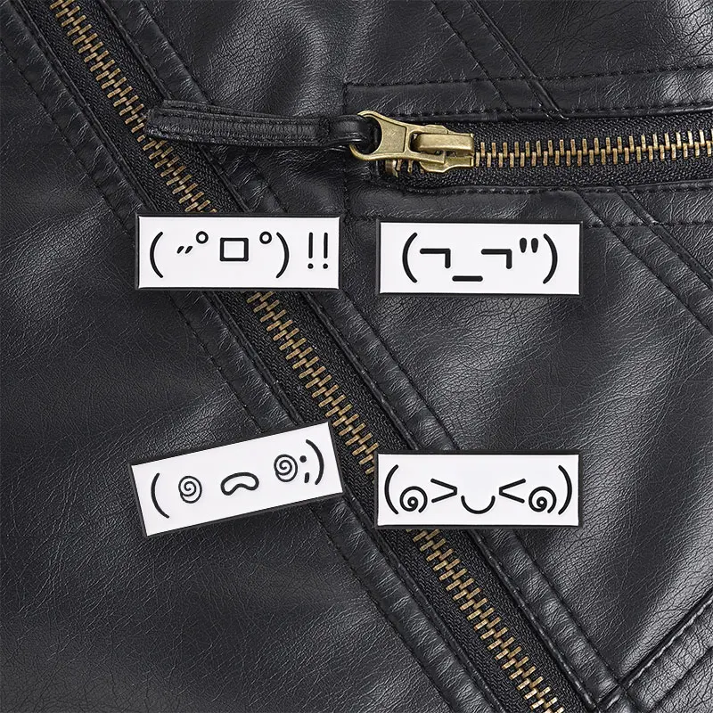 Japanese Kaomoji Black White Enamel Pin Minimalist ASCII Emoticon Brooch with Four Expressions for Anime Lovers and Casual Style