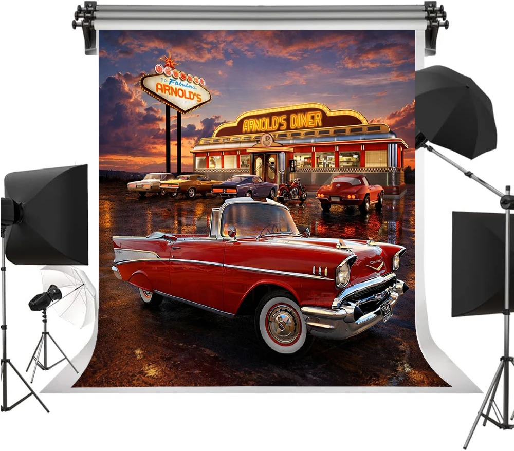 

Фон для фотостудии в стиле 50-х годов, ресторан-автомобиль, высококачественная компьютерная печать, принадлежности для вечеринок