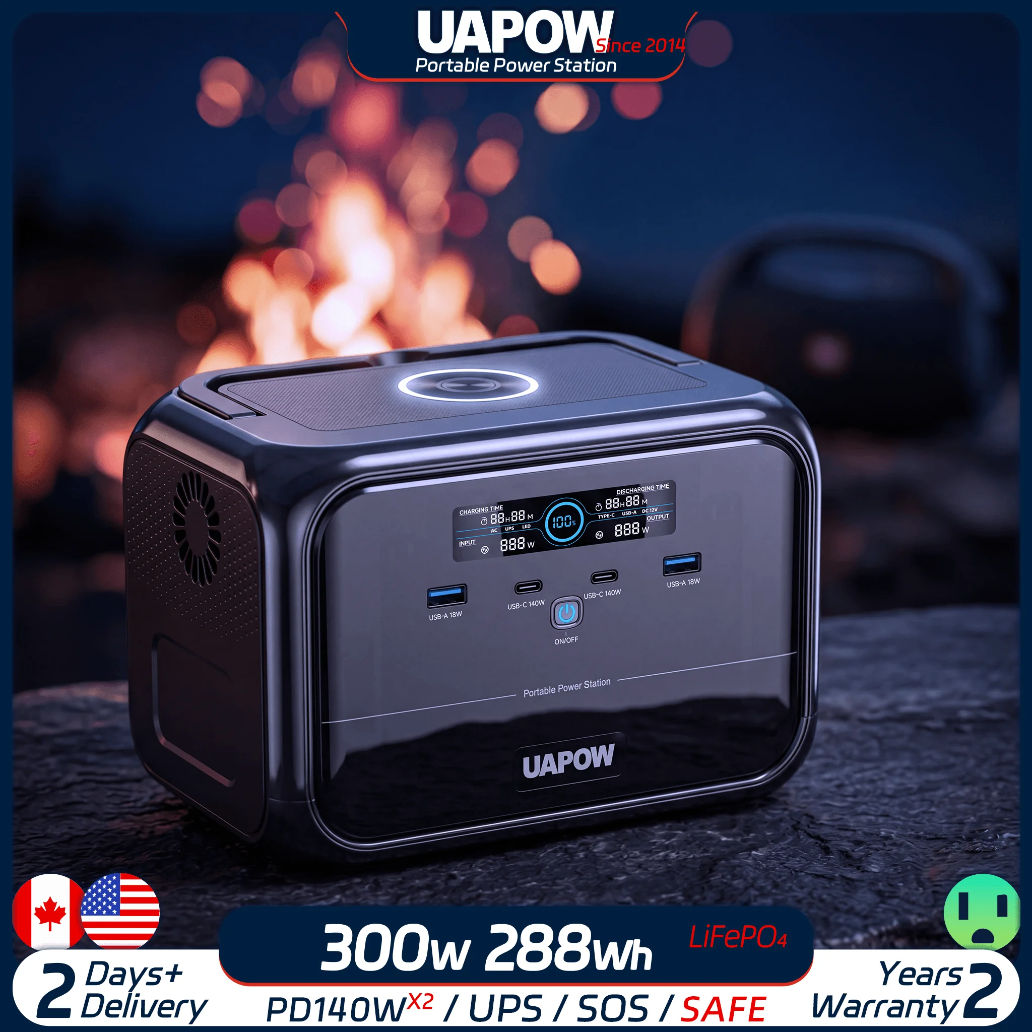 Uapow 288Wh Weekend Road-Trip Camping Power Supply, 3kg Lightweight, Easy to Carry in the Trunk. 300W Camping Light with Portable Fan, 7 Ports for Charging Mobile Phones and Walkie-Talkies. 100W Solar Panel, Fully Charged after One Day in the Sun at the Camp.