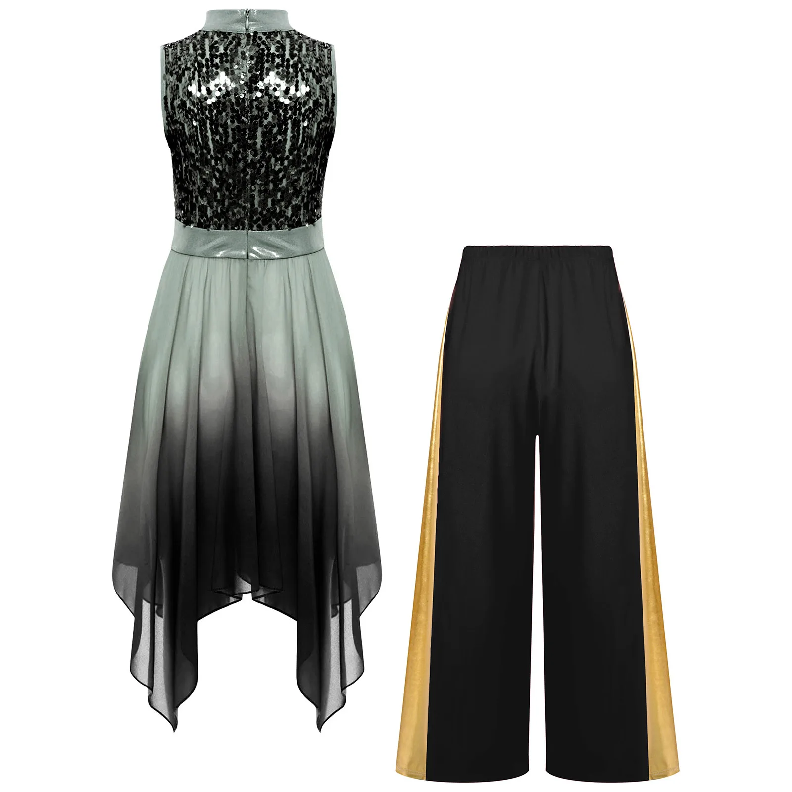 키즈 소녀 교회 찬양 댄스 의상 세트 스팽글 바지와 겸손한 드레스 서정적 예배 팀 공연 유니폼 댄스웨어