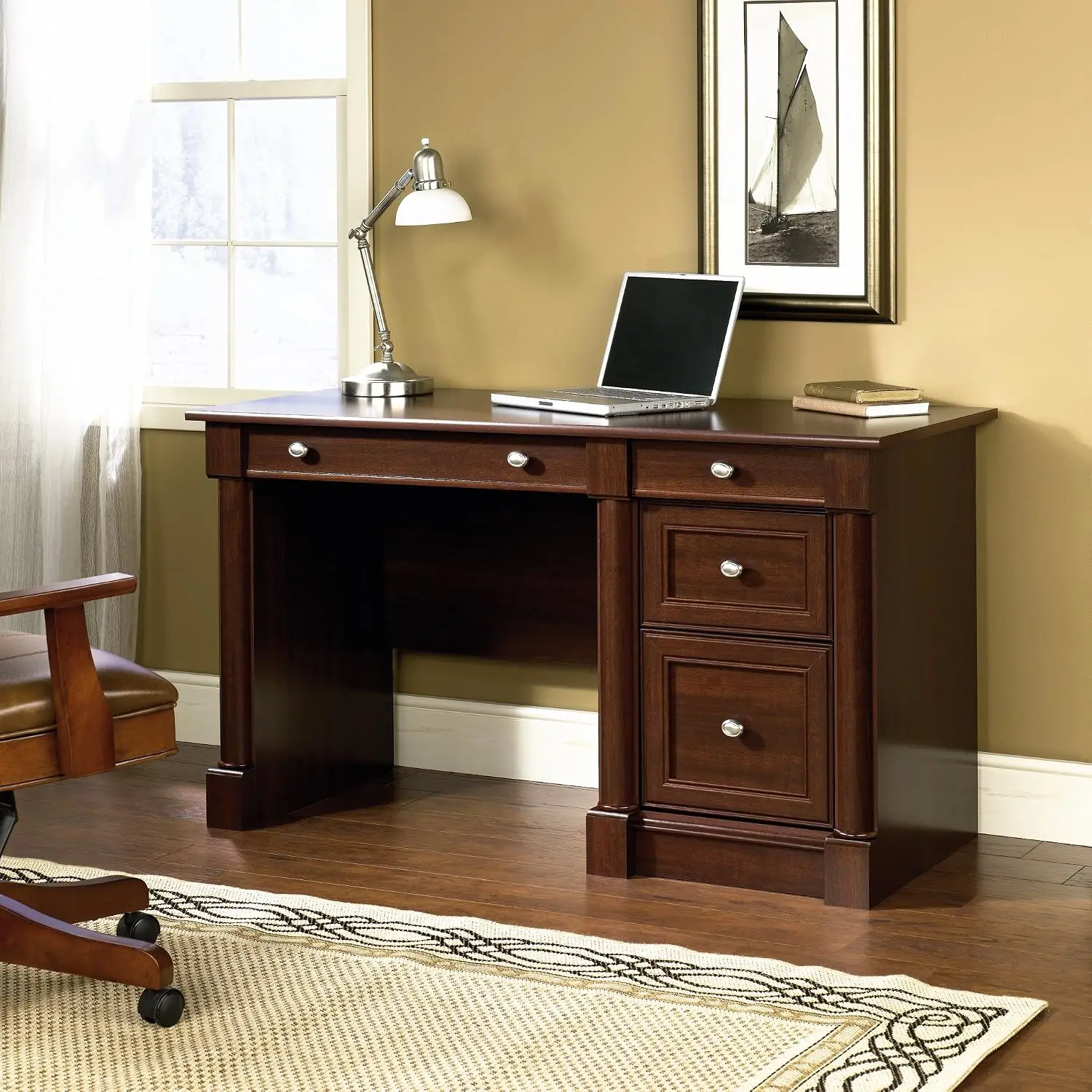 Palladia Computer Desk with Drawers, Home Office Desk with File Cabinet Storage Drawer, Cable Management, Keyboard Tray, in Sele