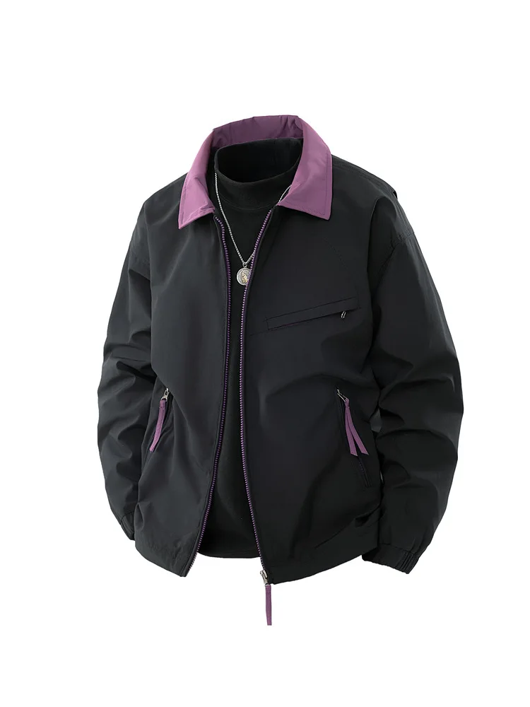 Man Cargo Jacket Autumn Contrast Color Turn Down Collar Zipper Male Outerwear Windproof Waterproof Long Sleeve Daily Men Coat