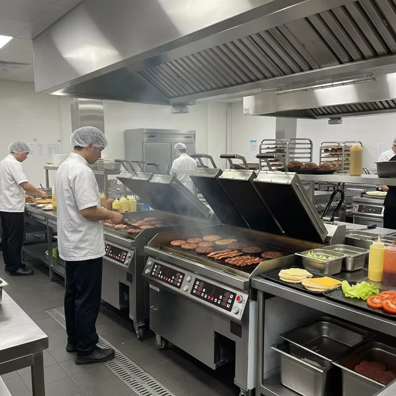 Commercial Three-Burner Double Sided Hamburger Grill Heavy Duty 1/3 Flat Surface Clamshell Griddle for Fast Food Restaurants
