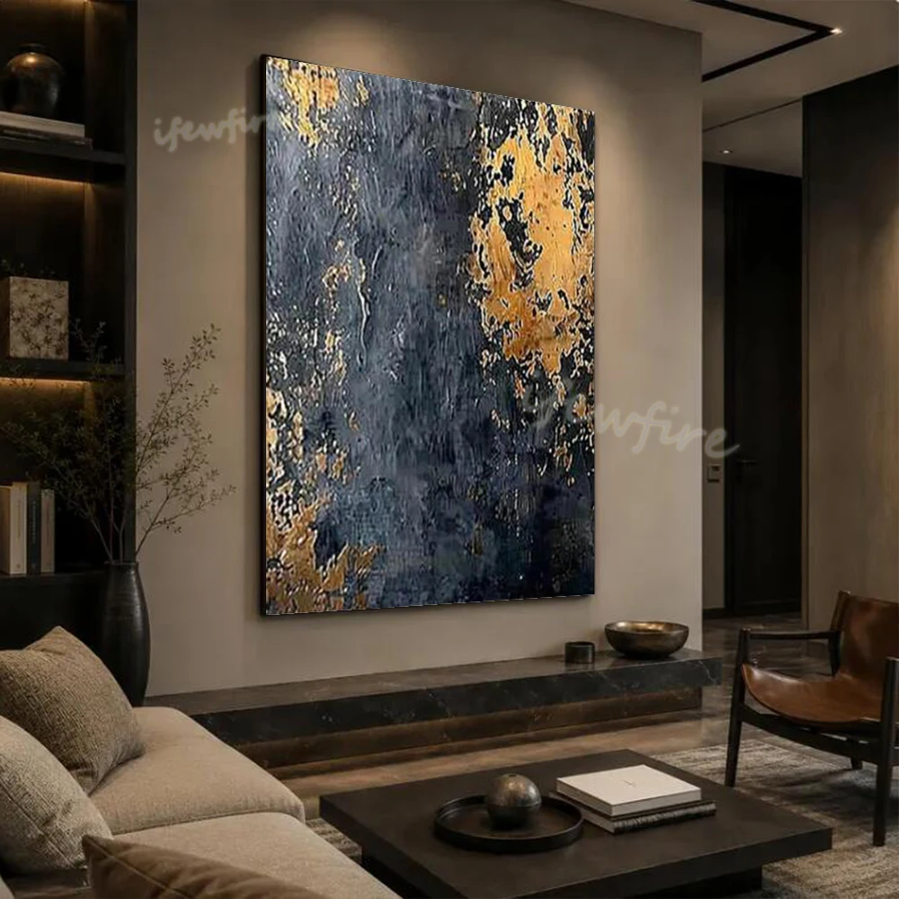 Modern Handmade Abstract Oil Painting On Canvas Unique Golden Blue Stripes Mural Wall Art Picture For Living Room Decor Image