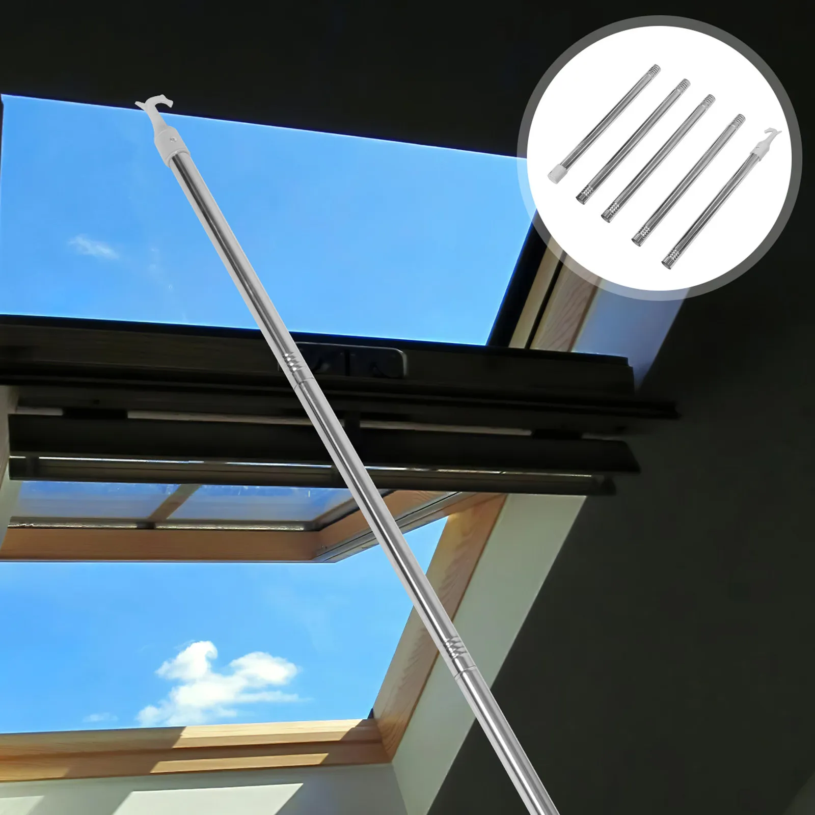 

Телескопическая штанга для штор с крюком, регулируемая, из нержавеющей стали, для высоких окон, инструмент для управления жалюзи